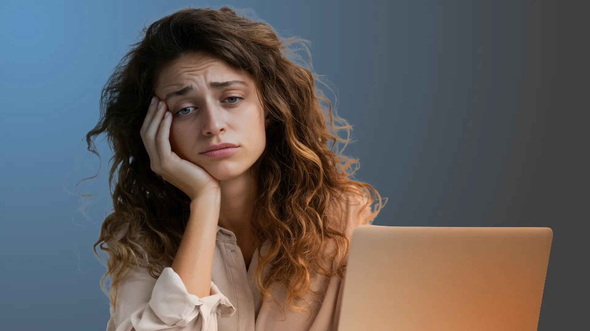 Mulher frustrada na frente de um laptop